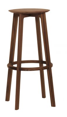 Bild eines 80cm hohen Barhockers aus amerikanischem Nussbaumholz mit runder Sitzfläche.